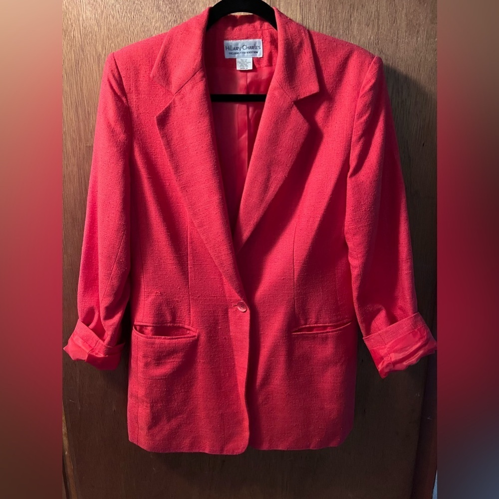 Hillary Charles Sz 8 Coral 100% Silk Button Front Jacket Blazer Lined